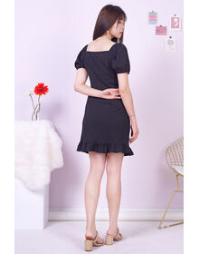 Fine Square Neckline Button Down Casual Fishtail Grid Textured Dress (Black)